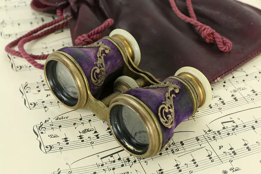 Main image of Opera Glasses Antique Purple Velvet & Brass, Leather Bag