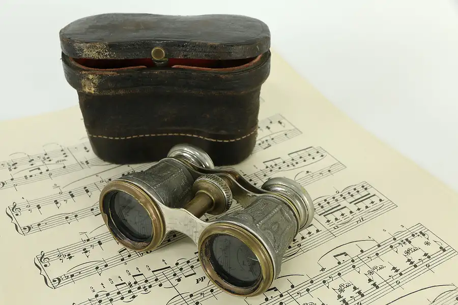 Main image of Opera Glasses Antique Engraved Pewter, Leather Case