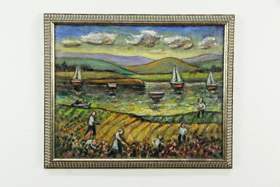 Main image of Harvest & Sailboats Original Vintage Oil Painting, Samuel Heller