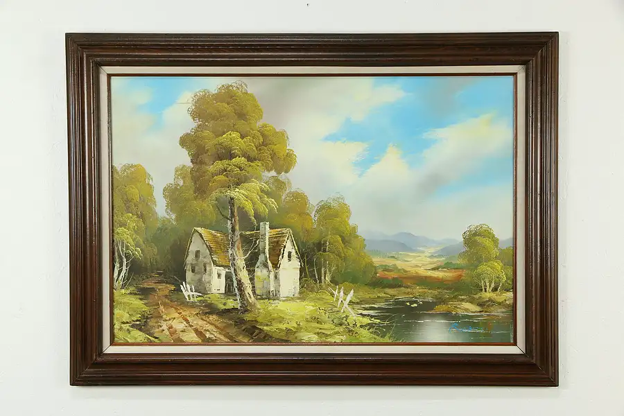 Main image of Farmhouse & Lake Vintage Original Oil Painting, Richards, Pine Frame