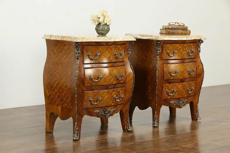 Main image of Italian Pair Vintage Marble Top Marquetry Bombe Chests or Nightstands