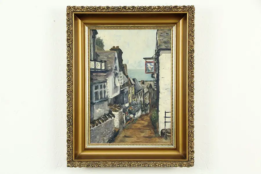 Main image of Street Scene, Pub Sign & Ocean, Cornwall England, Gold Frame