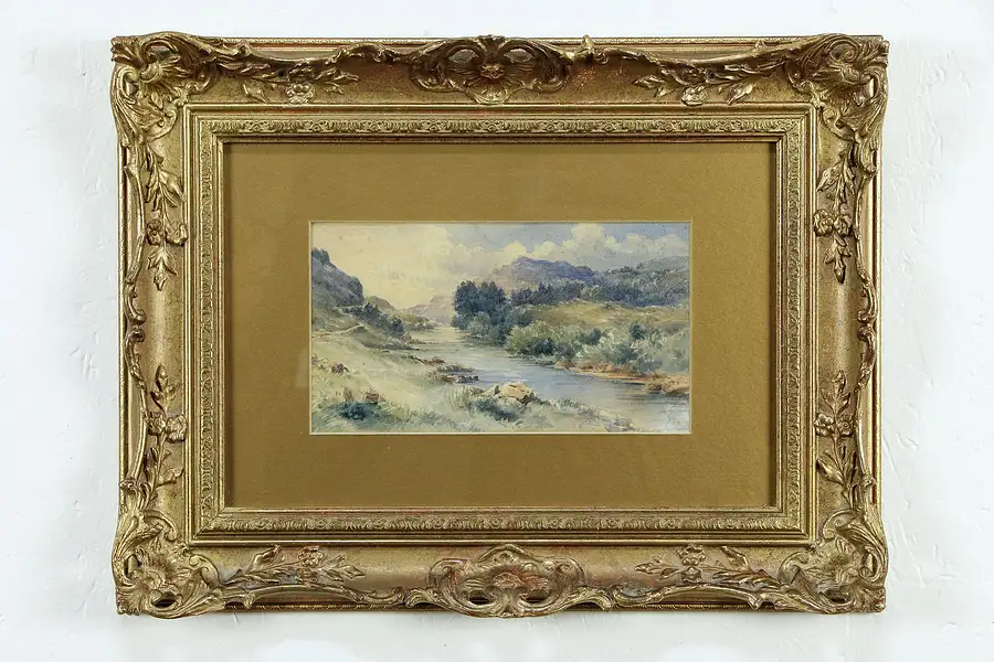 Main image of Mountain Stream Original Watercolor Painting, Gold Frame