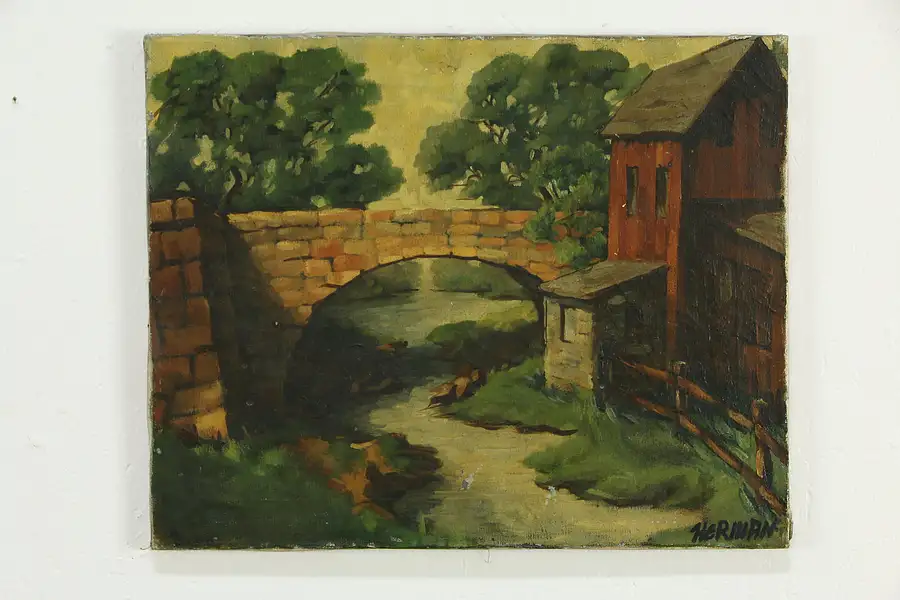 Main image of Old Stone Bridge Antique Oil Painting, Signed Herman