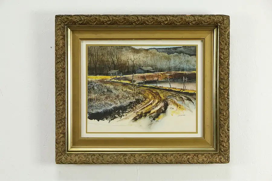 Main image of Snowy Road & Farm Original Watercolor Painting,1972 Burkhart