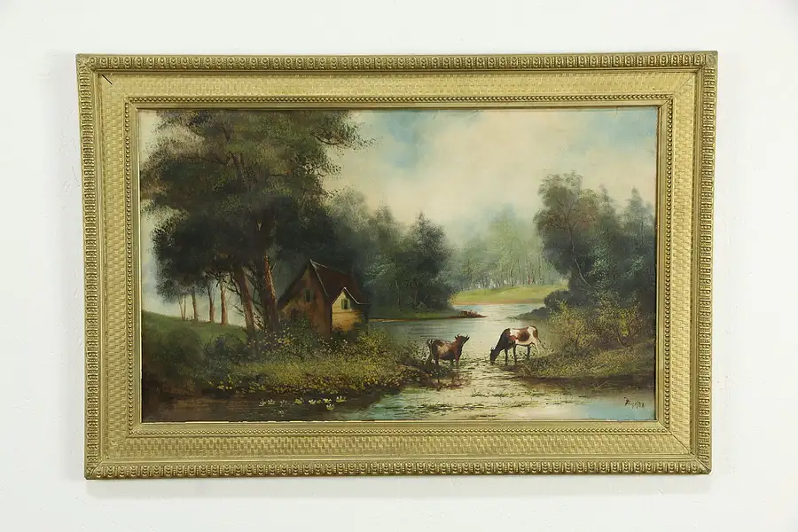 Main image of Cows Drinking at a Stream, Original Vintage Oil Painting, Baker