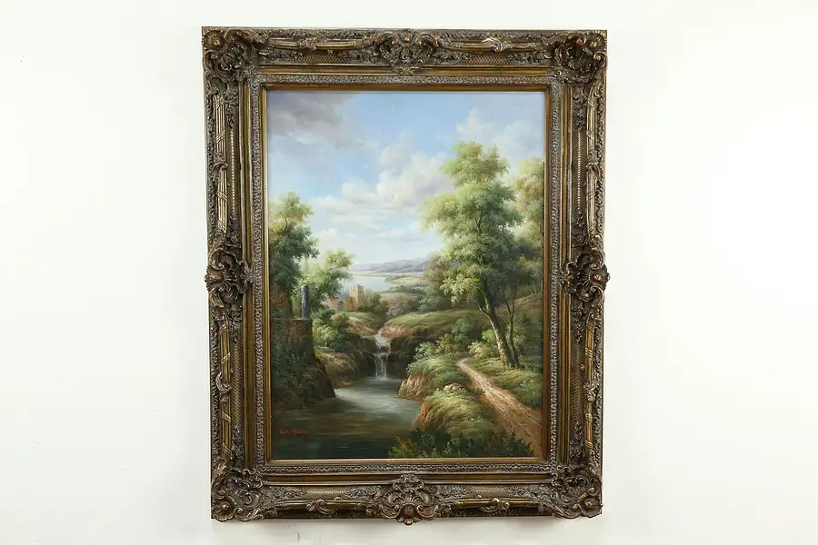 Main image of Waterfall, Lake & Castle 5' Tall Original Oil Painting, Karl Halley