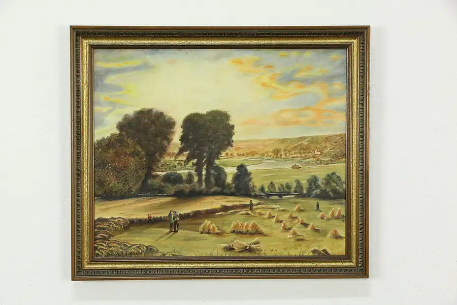 Main image of Harvest Along a River, Vintage Original Swedish Oil Painting 28"