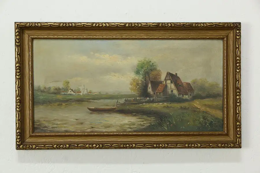 Main image of Cottage, Canoe & Windmill Original Antique Oil Painting