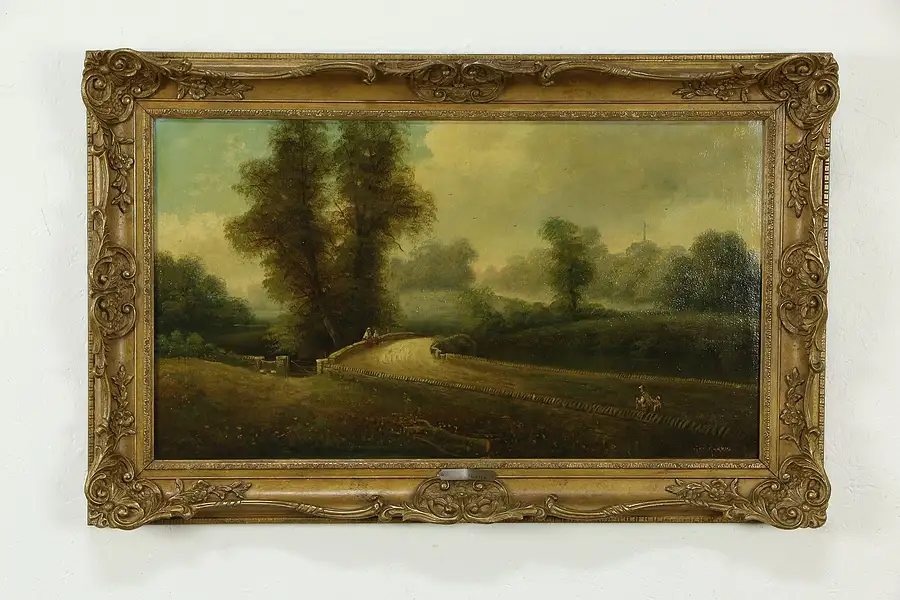 Main image of Bridge over Country River, Antique Original Oil Painting George Harris