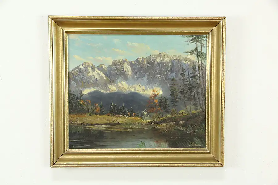 Main image of Mountain Scene with Lake, Antique Original Oil Painting, F. Becoer