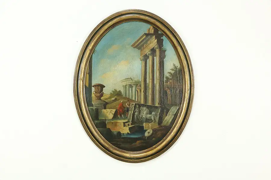 Main image of Classical Roman Ruins in Italy, Antique Original Oval Oil Painting