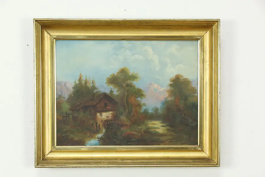 Main image of Mill & Stream Antique Victorian Original Oil Painting on Canvas