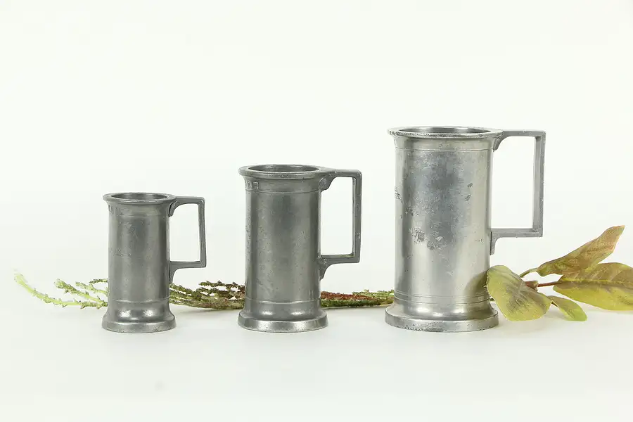 Main image of Set of 3 Antique French Pewter Deci Litre Tankard Mugs, Stamps A4