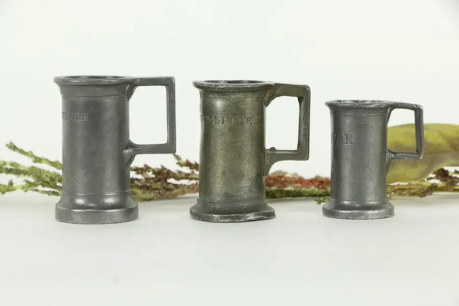 Main image of Set of 3 Antique French Pewter Tiny Centi Litre Tankard Mugs, Stamps A5