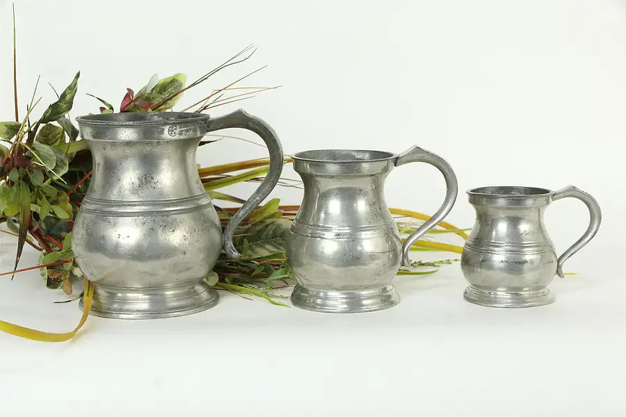 Main image of Victorian English Pewter Set of 3 Mugs or Tankards, Yates Royal Stamps