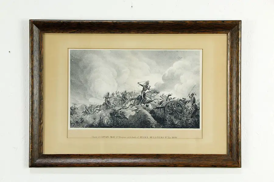 Main image of Resaca de la Palma 1846 Mexican War Litho Engraving, Signed, Oak Frame