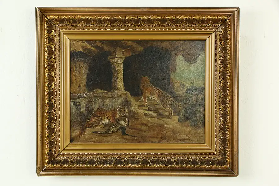 Main image of Tigers in Temple Ruins, Original Antique Oil Painting