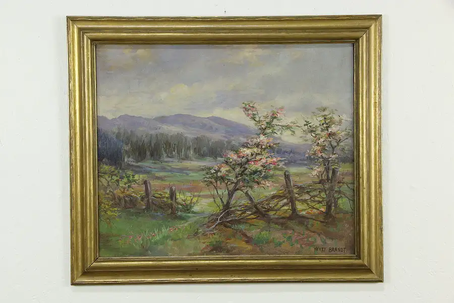 Main image of Trees in Blossom Original Antique Oil Painting Signed Henry Brandt