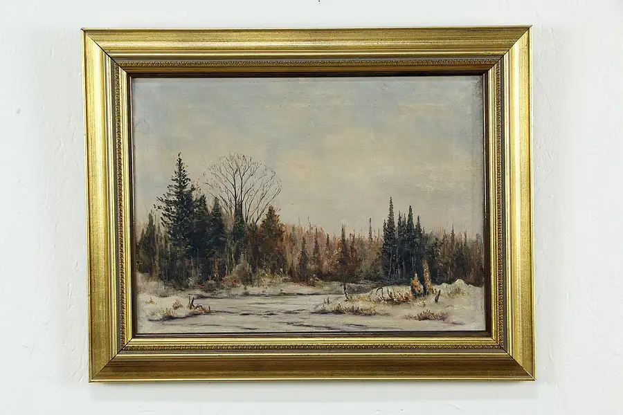 Main image of Pine Forest in Winter, Antique Original Oil Painting 20", Custom Frame