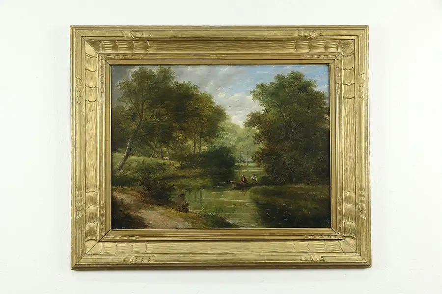 Main image of Fishing on a Stream 32" Antique 1910 Original Oil Painting on Canvas