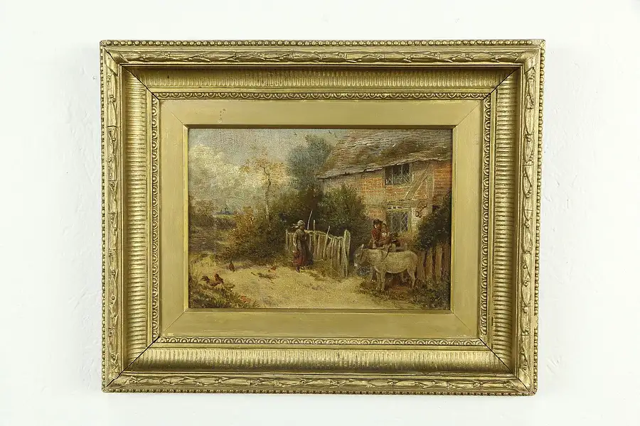 Main image of Victorian Farm Family with Donkey Antique English 16" Oil Painting