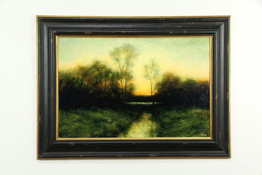 Main image of Last Light Pond at Sunset Vintage Giclee Painted Print, Signed R Cook 46"