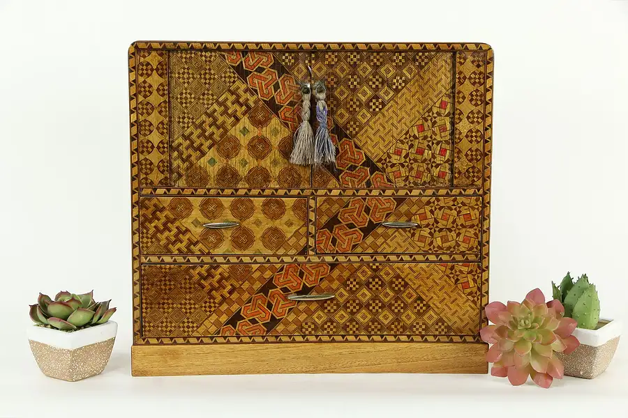 Main image of Japanese Inlaid Marquetry Vintage Jewelry Chest, Tambour Doors