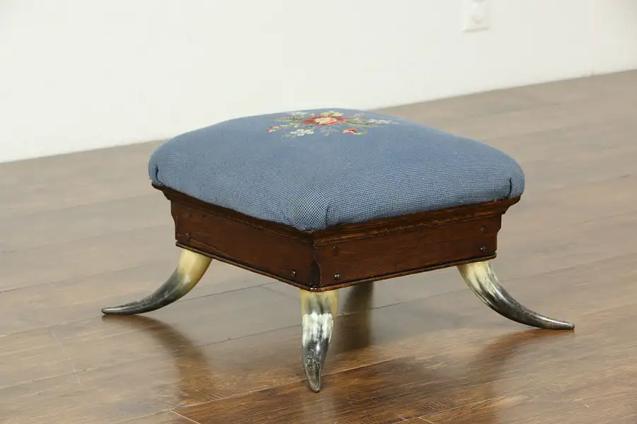 Main image of Victorian Antique Walnut Footstool, Horn Legs Needlepoint