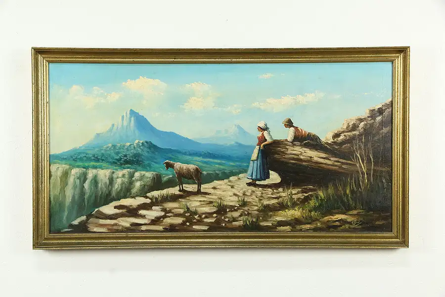 Main image of Mountain Scene with Shepherd Couple, Vintage Italian 42" Oil Painting