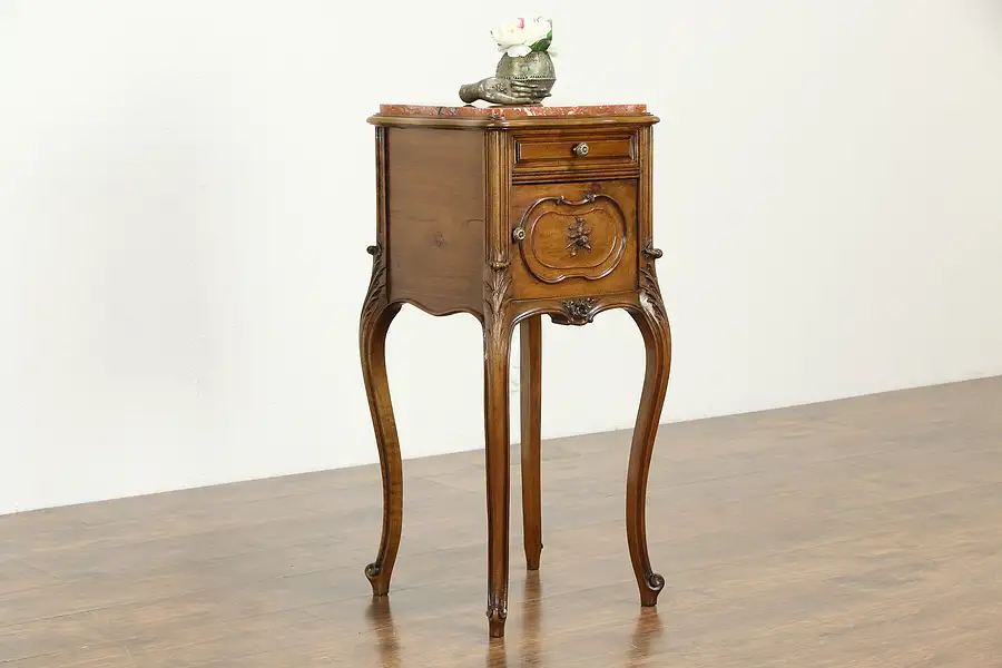 Main image of French Walnut Antique Nightstand Rouge Marble Top