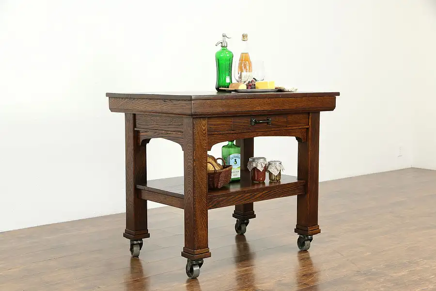 Main image of Oak Antique Industrial Rolling Kitchen Island, Wine & Cheese, Plant Table