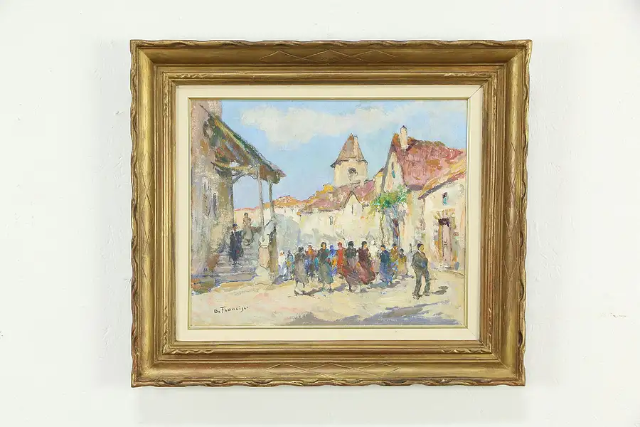 Main image of Pietro De Francisco Oil on Canvas Gold Painted Frame Crowded Village