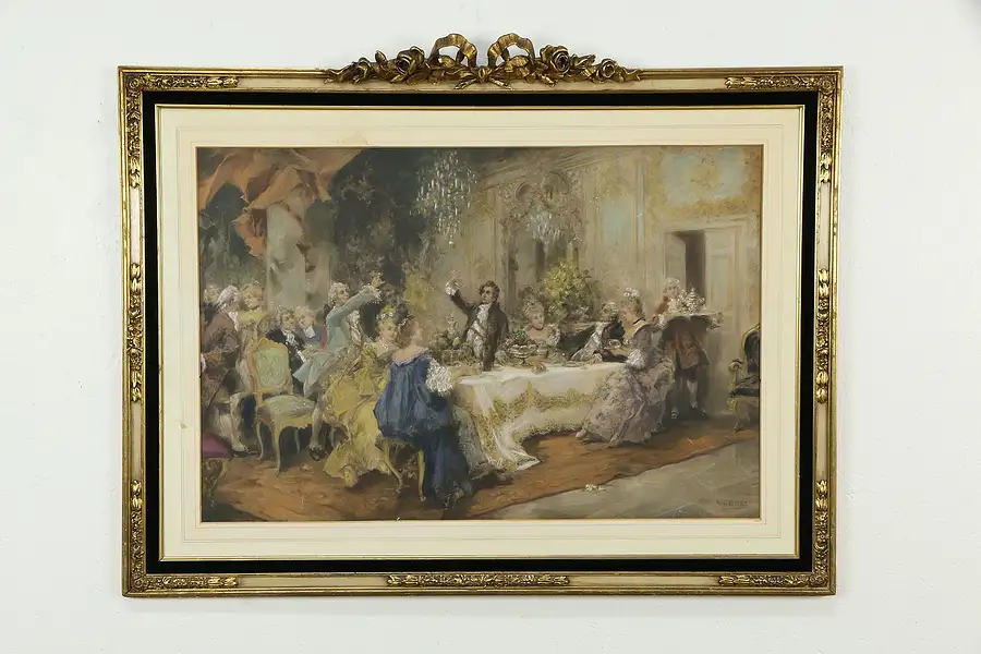 Main image of Painted Antique English Print of 18th Century Salon Scene Gold Frame 38"