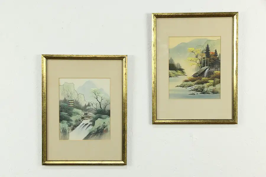 Main image of Pair of Original Japanese Vintage Paintings on Silk Custom Frames 17 1/2"