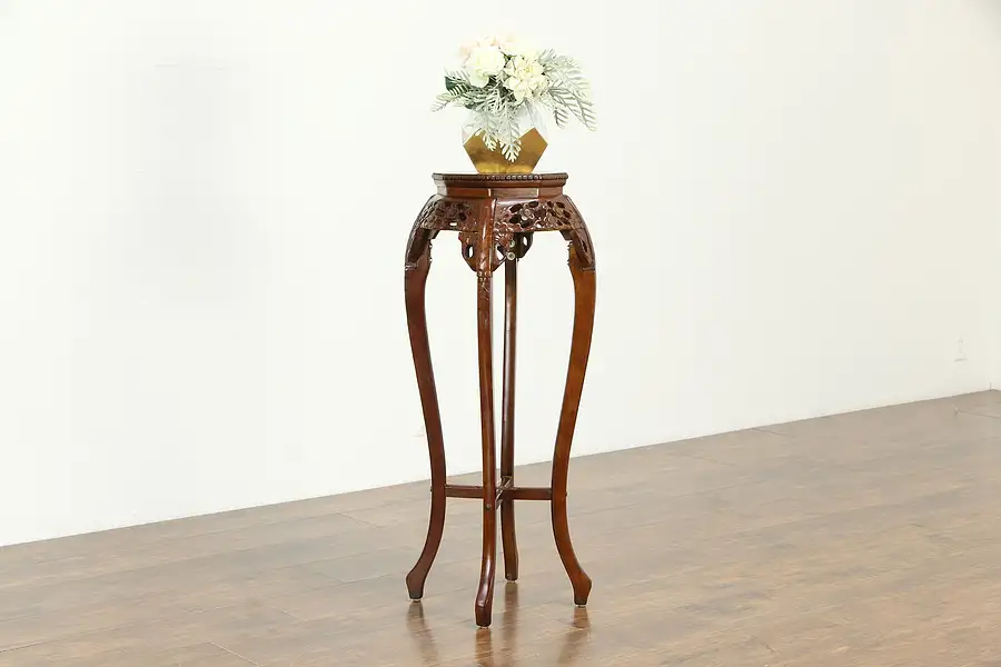 Main image of Carved Chinese Rosewood Vintage Plant Stand or Sculpture Pedestal, Marble