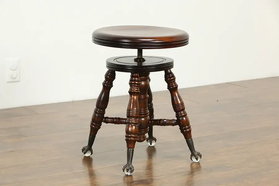 Main image of Victorian Antique Adjustable Swivel Piano Organ Stool, Ball & Claw Feet