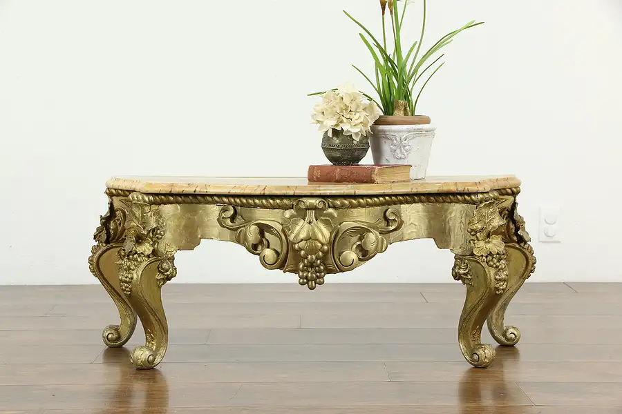 Main image of Victorian Antique Salvage Grape Design Gold Base or Low Table, Marble Top