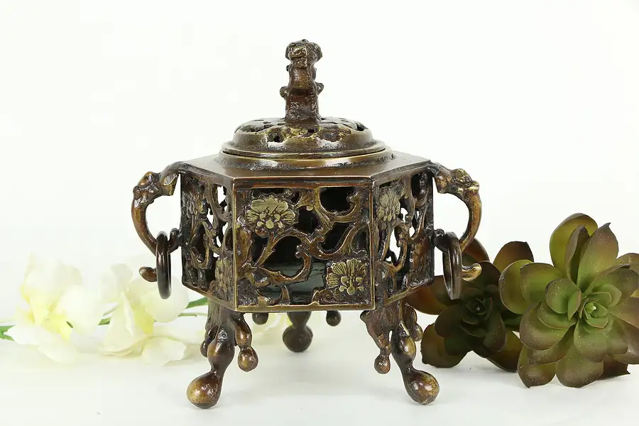 Main image of Chinese Bronze Antique Incense Burner or Censer, Temple Lion Finial