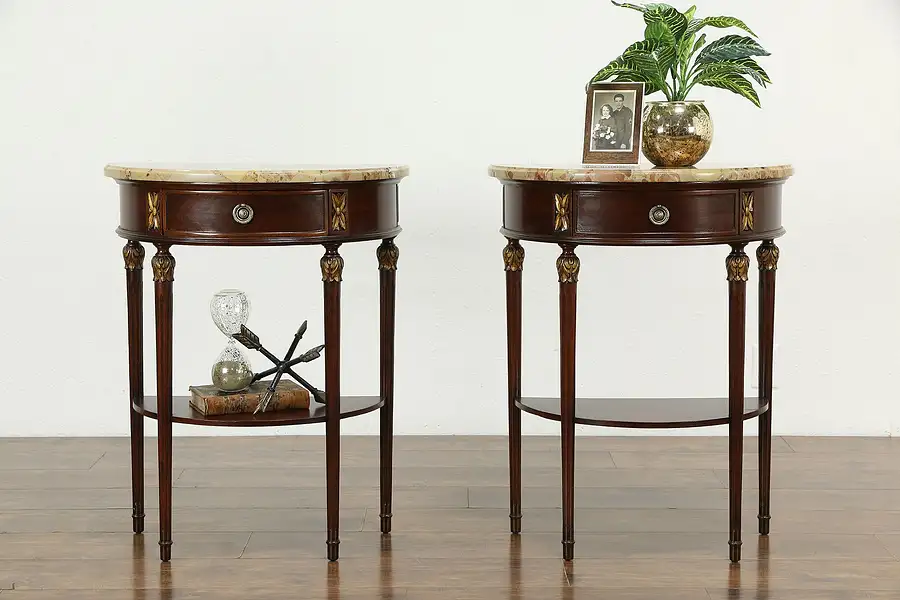 Main image of Pair Marble Top Antique French Demilune Nightstands or End Tables