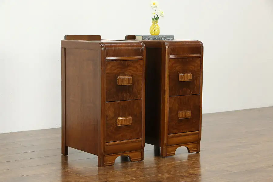 Main image of Pair of Vintage Art Deco Waterfall Nightstands or End Tables Carved Pulls