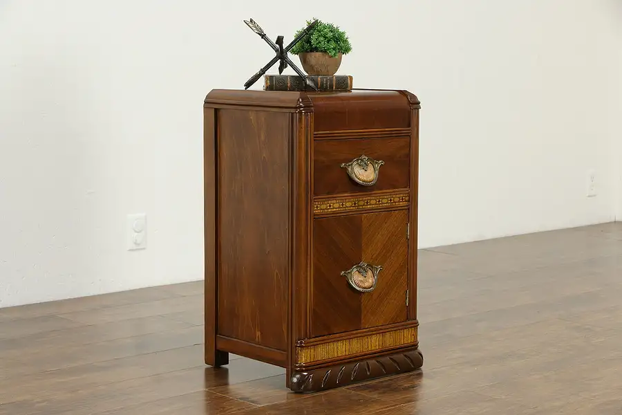 Main image of Art Deco Waterfall Design Vintage Nightstand or End Table, Bakelite Pulls