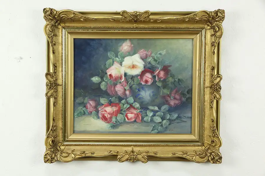 Main image of Victorian Antique Roses Still Life Original Watercolor Painting 29"