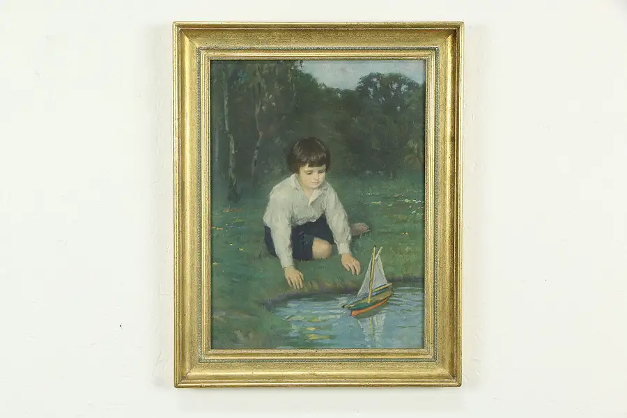 Main image of Young Mariner Antique Original Oil Painting, Gluecklich 19 1/2"