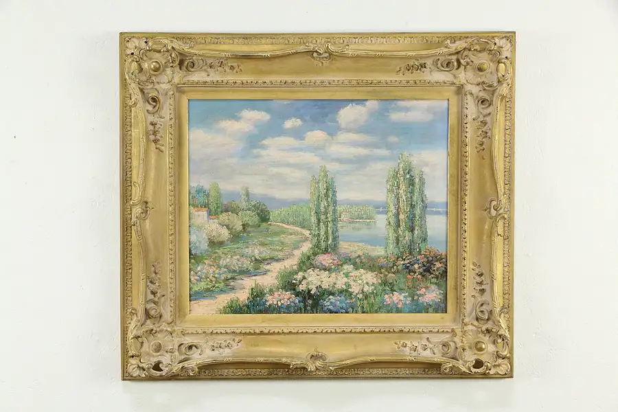 Main image of Lake & Gardens Scene Vintage Original Oil Painting John Clymer