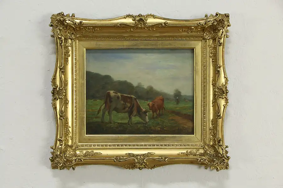 Main image of Pastoral Scene With Cows, Original Antique Oil Painting, Doty 1899 17"