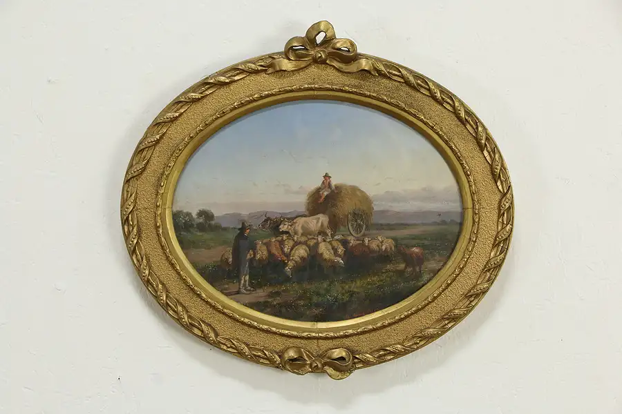 Main image of Farm Scene Oval Antique Original Italian Painting, A Milone 1868 19"