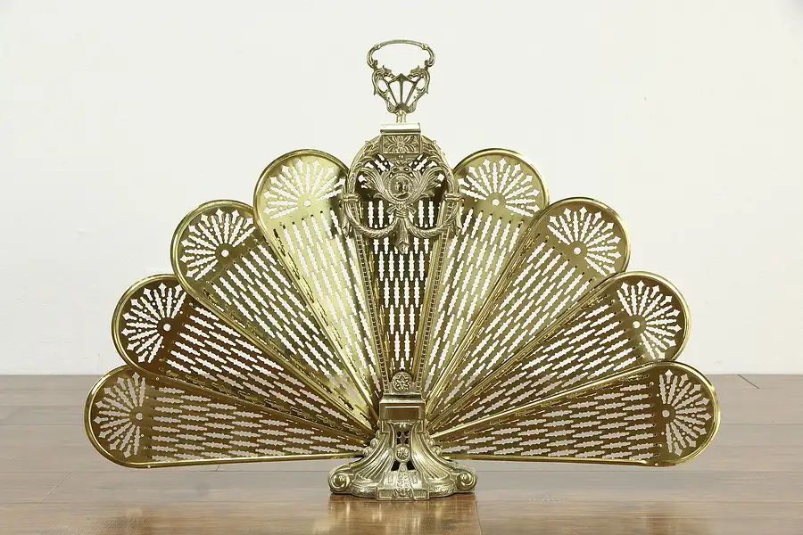 Main image of Peacock Fan Brass Vintage Folding Fireplace Screen