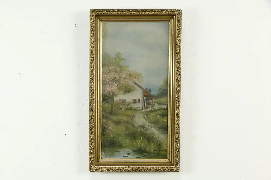 Main image of Farmhouse & Sheep, Original Primitive Oil Painting 1917 Irwin D Gongh 23"