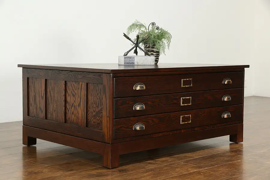 Main image of Oak Vintage Map Chest, Collector or Document File Coffee Table